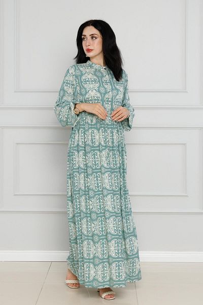 Sevitli Mint Green Viscose Dress - Shawl Patterned Waist Tunnel
