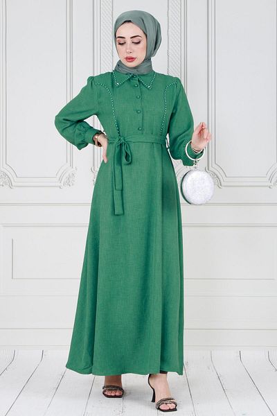 Sevitli Rochie Hijab Verde - Cu Detaliu Perlat Și Curea