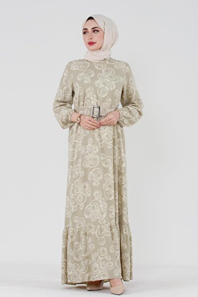 Sevitli Plated Belted Viscon Hijab Dress-Beige