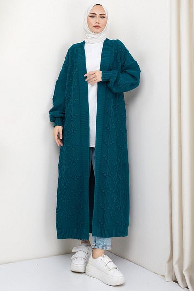 hafsamina Cherry Patterned Long Knitwear Cardigan Petrol HM2334