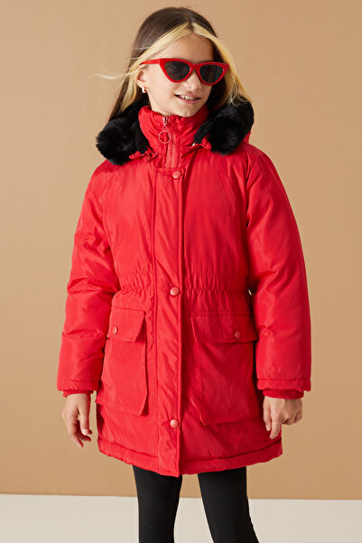 Cansın Mini Girl's Hooded Red Coat - Pockets, Model 19065