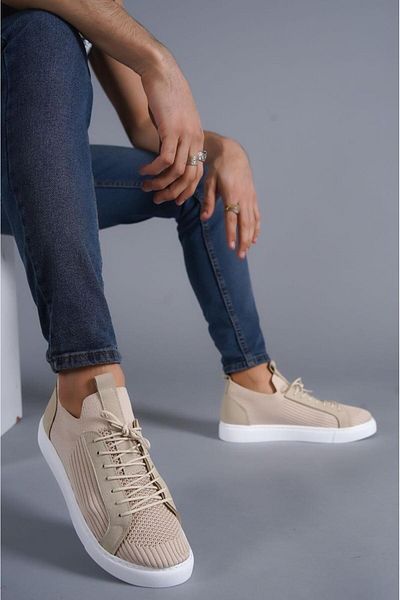 BESKAR KB 112 Μπεζ πλεκτά με κορδόνια casual ανδρικά παπούτσια