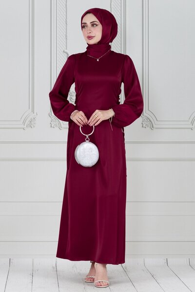 Sevitli فستان سهرة من الساتان برباط جانبي - أحمر كلاريت