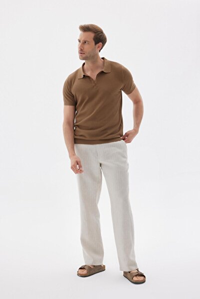 odelon Men's Brown Knitwear Polo Collar T-Shirt - Jacquard