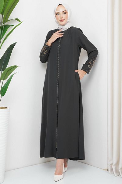 hafsamina Embroidered Plus Size Abaya Anthracite HM2307