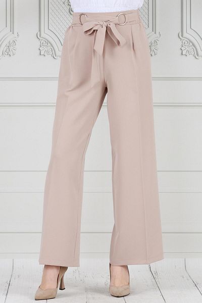 Sevitli Pantaloni largi de culoare bej cu detaliu inel