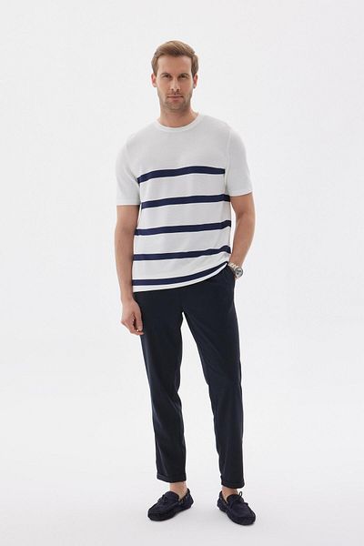 odelon Ανδρικό πλεκτό μπλουζάκι Ecru Rayon - Crew Neck, ριγέ Limited μοντέλο