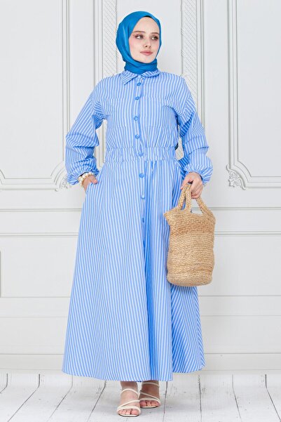 Sevitli Μπλε ριγέ φόρεμα με κουμπιά
