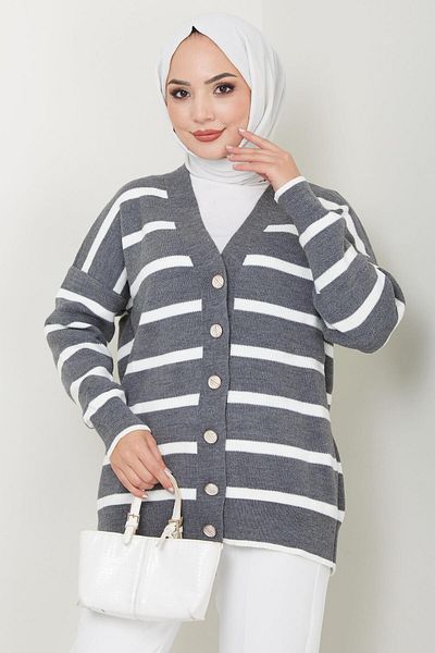 hafsamina Smoked Araboy Striped Knitwear Cardigan - Button Detailed Hm2516