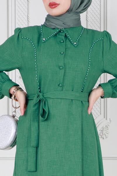 Sevitli Πράσινο φόρεμα Hijab - με μαργαριταρένιες λεπτομέρειες και φύλλο