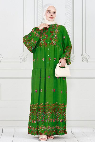 Sevitli Green Viscose Dress - Embroidery Pattern and Robe