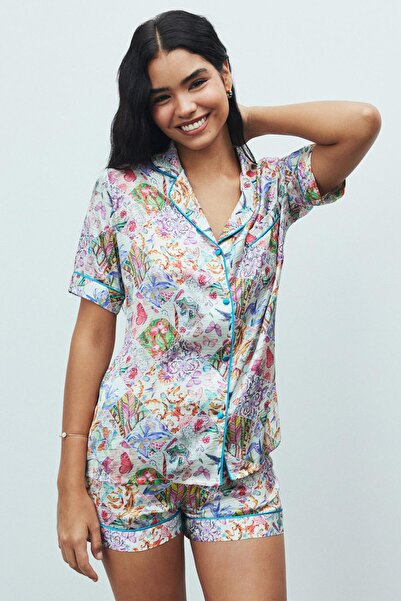 Feu De Elu Amoureux Petit Desenli Kısa Saten Pijama Takımı