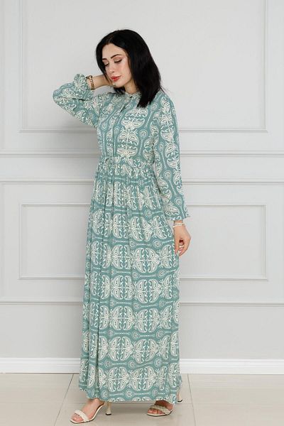 Sevitli Mint Green Viscose Dress - Shawl Patterned Waist Tunnel