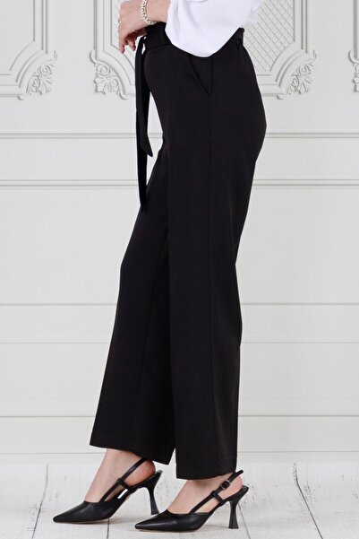 Sevitli Black Wide Leg and Waist Tie Trousers