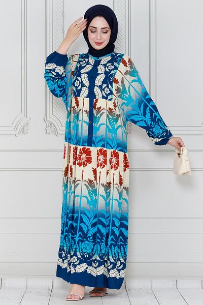Sevitli Indigo Leaf Printed Viscose Dress