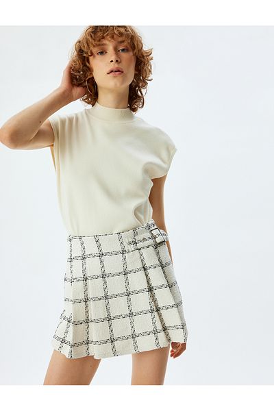 Koton Plaid Pleated Mini Skirt with Belt Detail