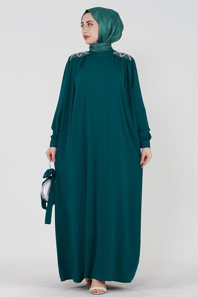 Sevitli Embroidered Shoulder Waist Belted Hijab Dress-Emerald Green