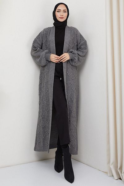 hafsamina Cherry Patterned Long Knitwear Cardigan Smoked HM2334
