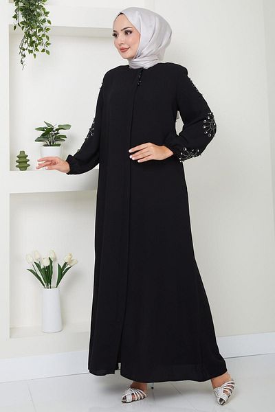 hafsamina Μαύρη Ferace με λεπτομέρεια από πέτρα και μαργαριτάρι - HM2494