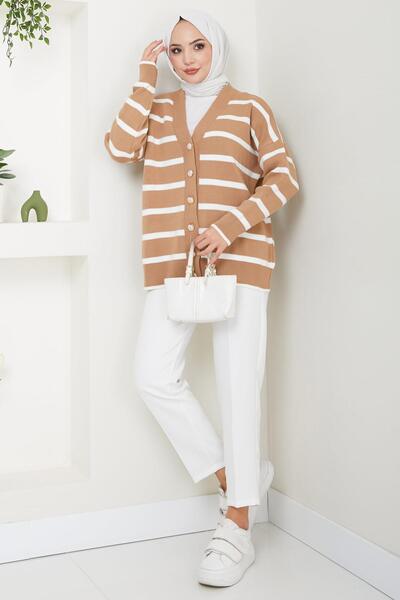 hafsamina Camel Araboy Knitwear Cardigan - Striped with Button Detail, Hm2516