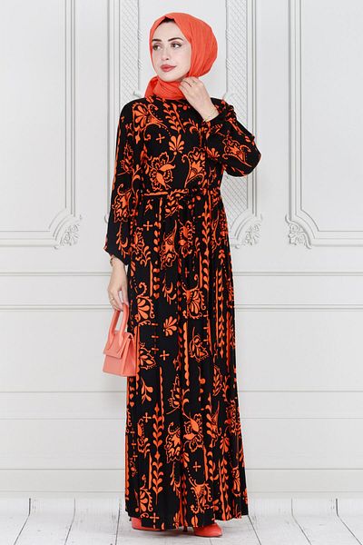 Sevitli Orange Viscose Dress - Authentic and Half Buttoned