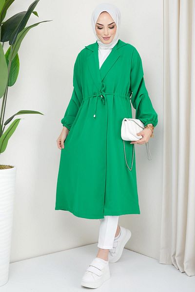 hafsamina Buttoned and Tied Trench Coat Green