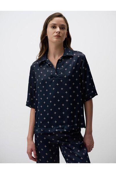 Jimmy Key Navy Blue V-Neck Relaxed Fit Patterned Satin Blouse