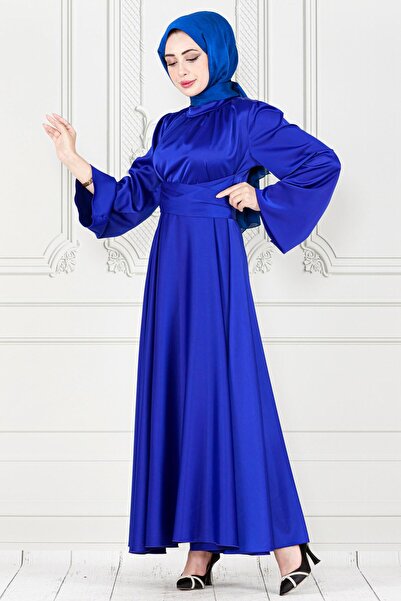 Sevitli Rochie de seara din satin albastru Saks - Rochie cu centuri incrucisate