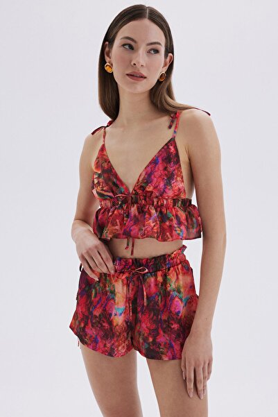 Feu De Elu Seille Desenli Askılı Kısa Saten Pijama Takımı