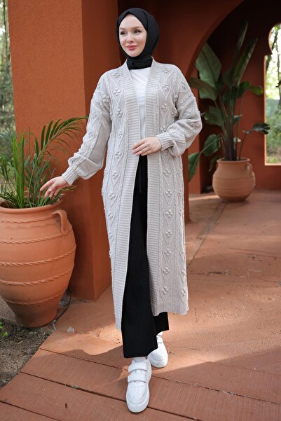 hafsamina Stone Colored Cherry Patterned Long Knitwear Cardigan - Hm2334