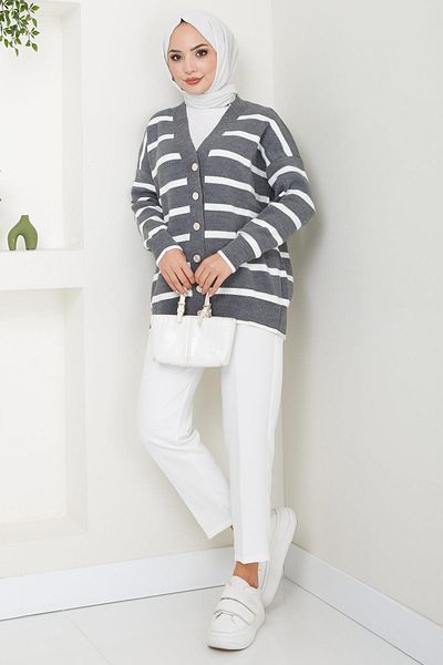 hafsamina Smoked Araboy Striped Knitwear Cardigan - Button Detailed Hm2516