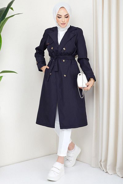 hafsamina Καμπαρντίνα με ζώνη Navy Blue Hm2110