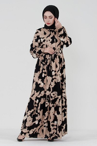 Sevitli Cloud Pattern Viscose Dress with Tunnel Waist - black