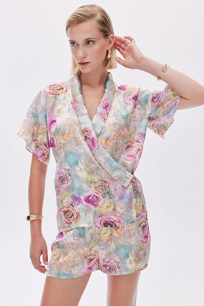 Feu De Elu Set pijama scurtă din satin cu imprimeu Marguerite - dublu