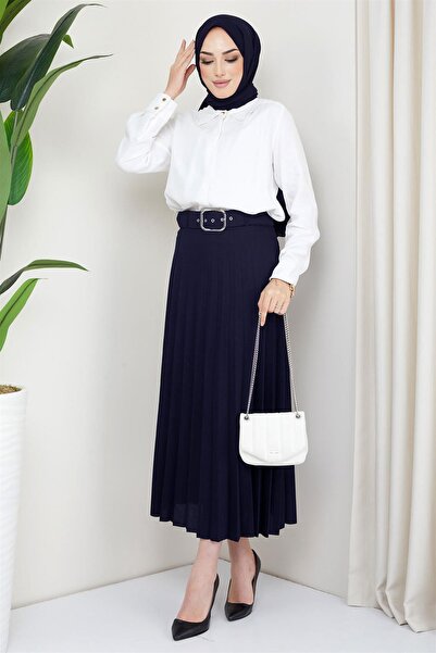 hafsamina Πλισέ φούστα με ζώνη Navy Blue HM2104