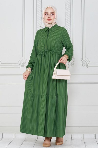 Sevitli Rochie verde Sare - Guler cămașă și design cu talie tunel
