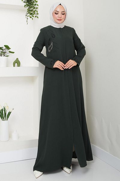 hafsamina Khaki Ferace - Stone Detailed, Hüma HM2479