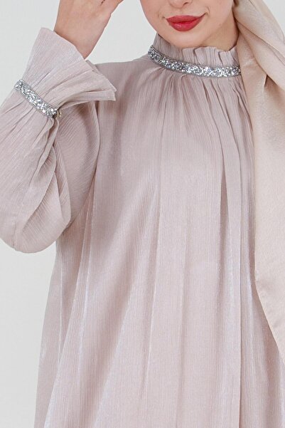 Sevitli Βραδινό φόρεμα με ασημί πέτρα-μπεζ