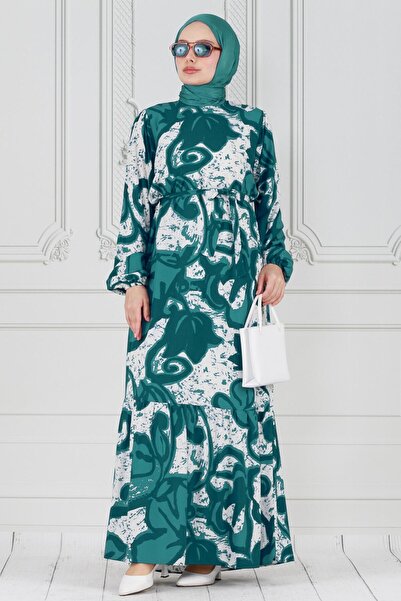 Sevitli Πράσινο φόρεμα βισκόζης - με μοτίβο τουλίπας και ζώνη μέσης