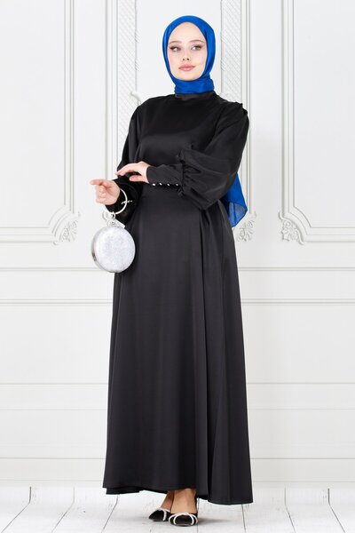 Sevitli Satin Evening Dress with Tie Back Sleeve Button-Black