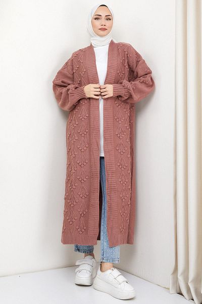 hafsamina Μακρύ πλεκτό ζακέτα με μοτίβο Cherry Dusty Rose HM2334