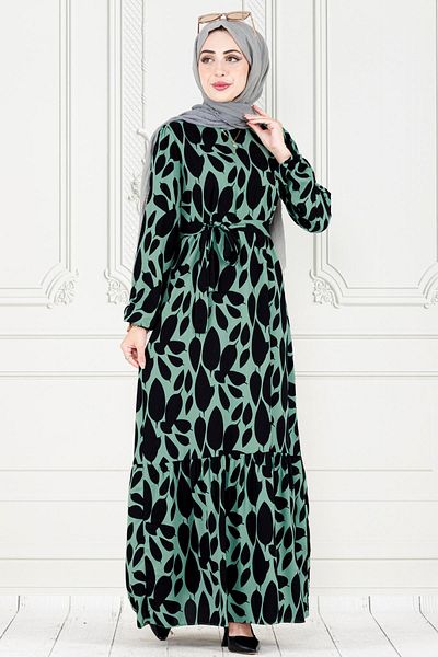 Sevitli Rochie verde Viscon - Fusta cu volane și model de frunze