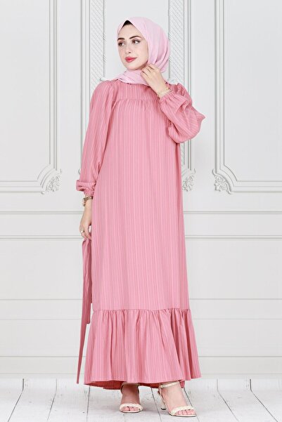 Sevitli Robalı Kuşaklı Ada Elbise-Pudra