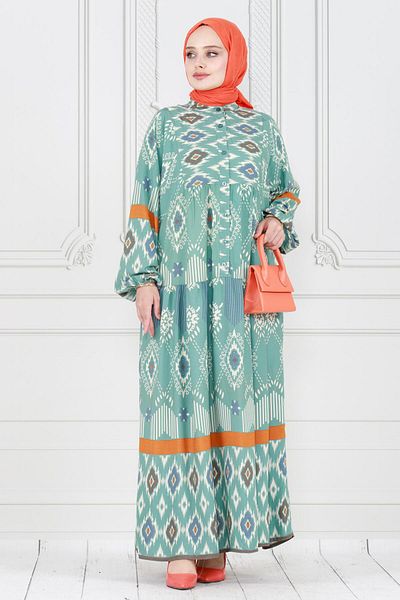Sevitli Rochie cu jumătate de nasturi cu imprimeu Ikat verde mentă