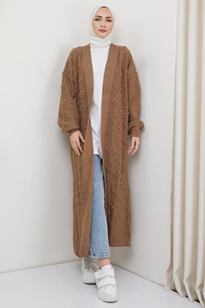 hafsamina Μακρύ πλεκτό ζακέτα με σχέδιο κερασιού Camel HM2334