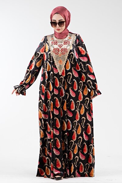 Sevitli Βελούδινο φόρεμα με κεντημένο μοτίβο σάλι στο λαιμό-αποξηραμένο τριαντάφυλλο