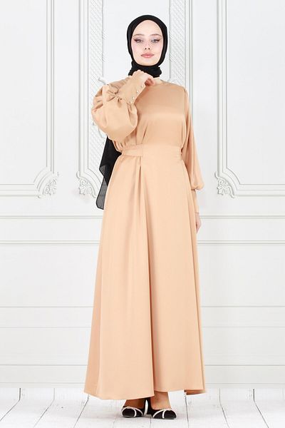 Sevitli Rochie de seara din satin bej - Maneca cu cravata si nasturi