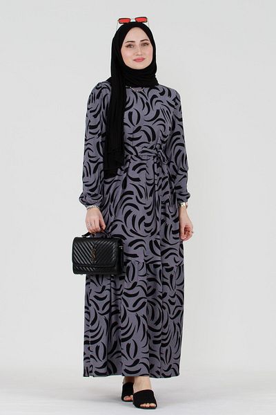 Sevitli Tulip Waist Belted Hijab Dress-grey