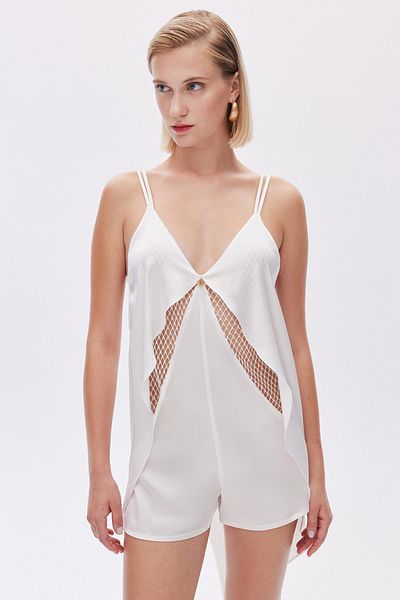 Feu De Elu Ecru Satin Jumpsuit - Calla Lily, Lace Detail