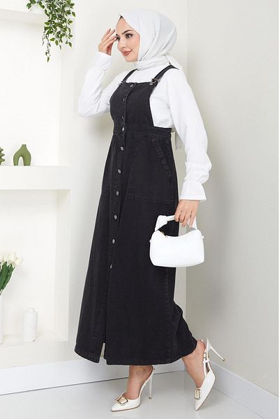 hafsamina Black Denim Salopet - Buttoned Dress HM22456